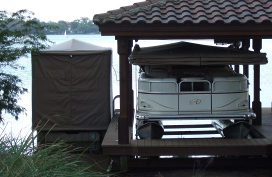 Full coverage, Pontoon Boat Cover. side by side one open and one closed position. Beige Color
