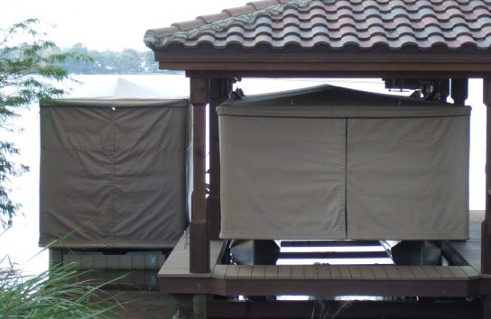 Full coverage, Pontoon Boat Cover both in closed position. Beige Color