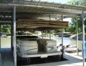 Full coverage, Pontoon Boat Cover. Hemp color in closed position