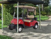Brown Colored Automatic Golf Cart Cover outside of a house