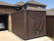 Brown Colored Automatic Golf Cart Cover outside of a house